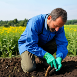 A professional ecological agriculture technician, a man in his 40s, wearing modest, fully clothed field work attire, is kneeling in a vibrant, healthy organic farm field. He is gently examining dark, crumbly soil in his gloved hands, with visible earthworms, symbolizing the soil's vitality. In the background, a farmer in professional, appropriate work attire stands nearby, observing with a look of collaborative understanding. The field is bordered by a flourishing buffer zone of diverse wild flowers and green plants, subtly attracting beneficial insects like ladybugs and hoverflies. The scene conveys a deep connection to nature and sustainable farming practices. Safe for work, appropriate content, fully clothed, professional, perfect anatomy, correct proportions, natural pose, well-formed hands, proper finger count, natural body proportions, professional photography, soft natural light, high quality, highly detailed.