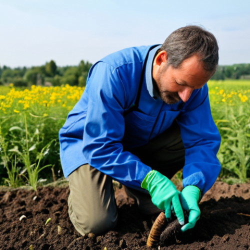 A professional ecological agriculture technician, a man in his 40s, wearing modest, fully clothed field work attire, is kneeling in a vibrant, healthy organic farm field. He is gently examining dark, crumbly soil in his gloved hands, with visible earthworms, symbolizing the soil's vitality. In the background, a farmer in professional, appropriate work attire stands nearby, observing with a look of collaborative understanding. The field is bordered by a flourishing buffer zone of diverse wild flowers and green plants, subtly attracting beneficial insects like ladybugs and hoverflies. The scene conveys a deep connection to nature and sustainable farming practices. Safe for work, appropriate content, fully clothed, professional, perfect anatomy, correct proportions, natural pose, well-formed hands, proper finger count, natural body proportions, professional photography, soft natural light, high quality, highly detailed.