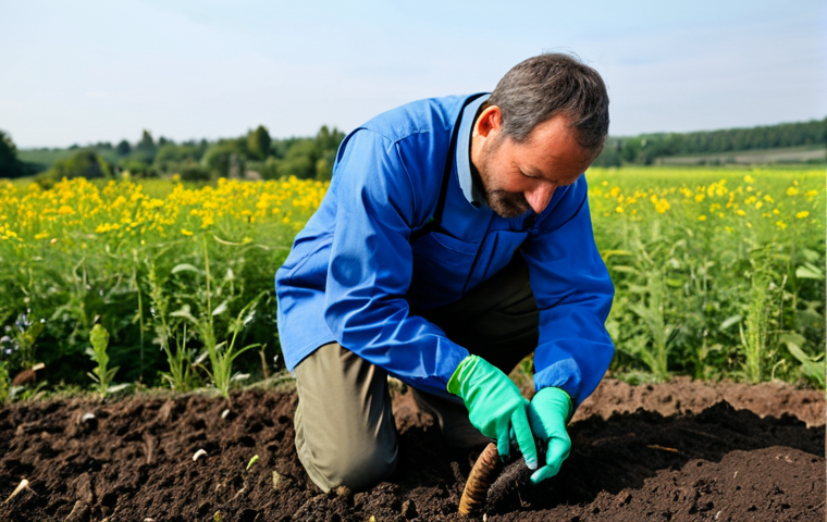 A professional ecological agriculture technician, a man in his 40s, wearing modest, fully clothed field work attire, is kneeling in a vibrant, healthy organic farm field. He is gently examining dark, crumbly soil in his gloved hands, with visible earthworms, symbolizing the soil's vitality. In the background, a farmer in professional, appropriate work attire stands nearby, observing with a look of collaborative understanding. The field is bordered by a flourishing buffer zone of diverse wild flowers and green plants, subtly attracting beneficial insects like ladybugs and hoverflies. The scene conveys a deep connection to nature and sustainable farming practices. Safe for work, appropriate content, fully clothed, professional, perfect anatomy, correct proportions, natural pose, well-formed hands, proper finger count, natural body proportions, professional photography, soft natural light, high quality, highly detailed.